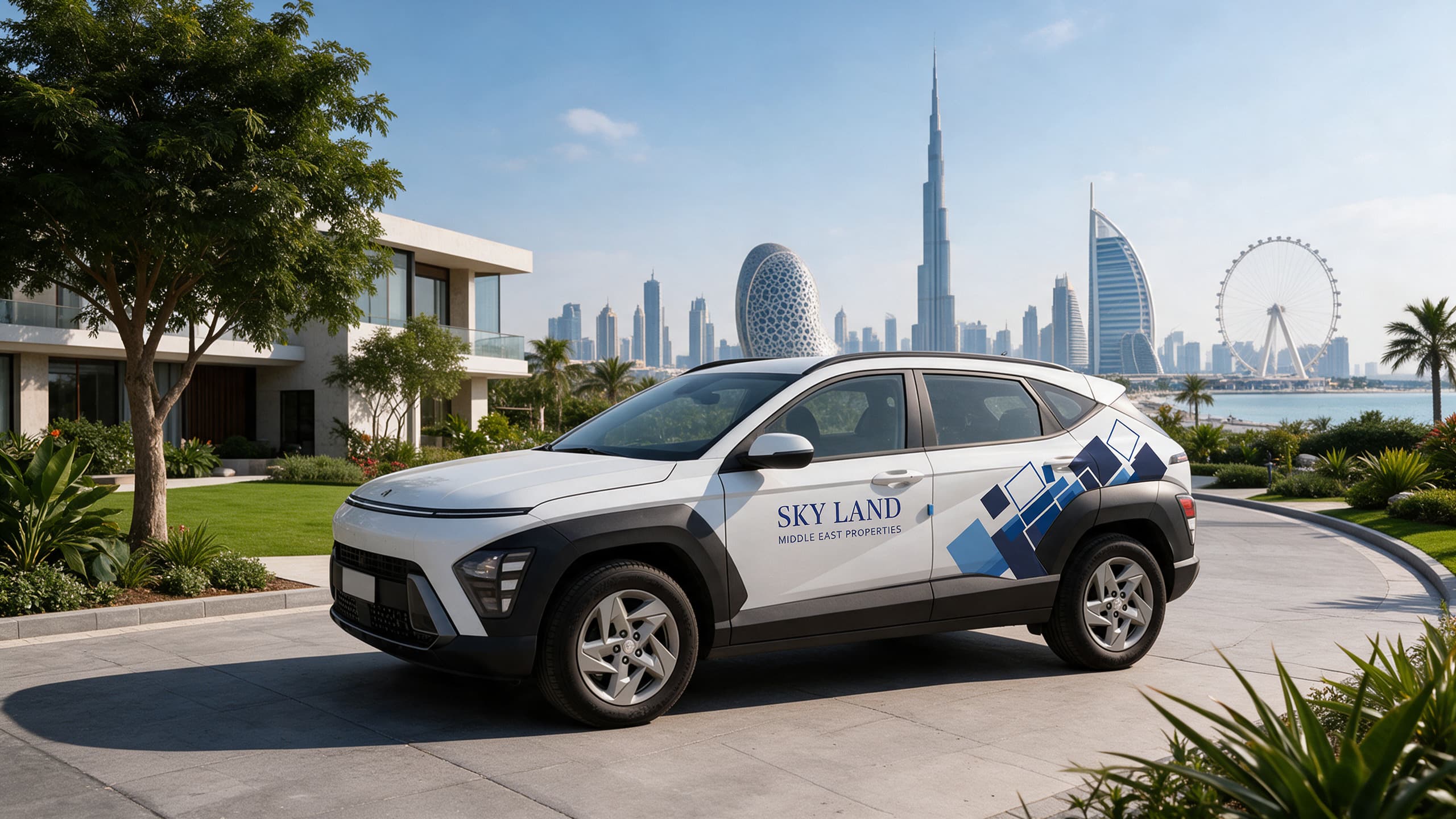 Sky Land tour car parked in front of the Dubai skyline